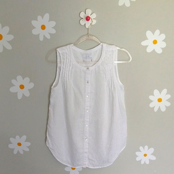 Tahari Tops - White 100% Linen Button-Front Sleeveless Top
